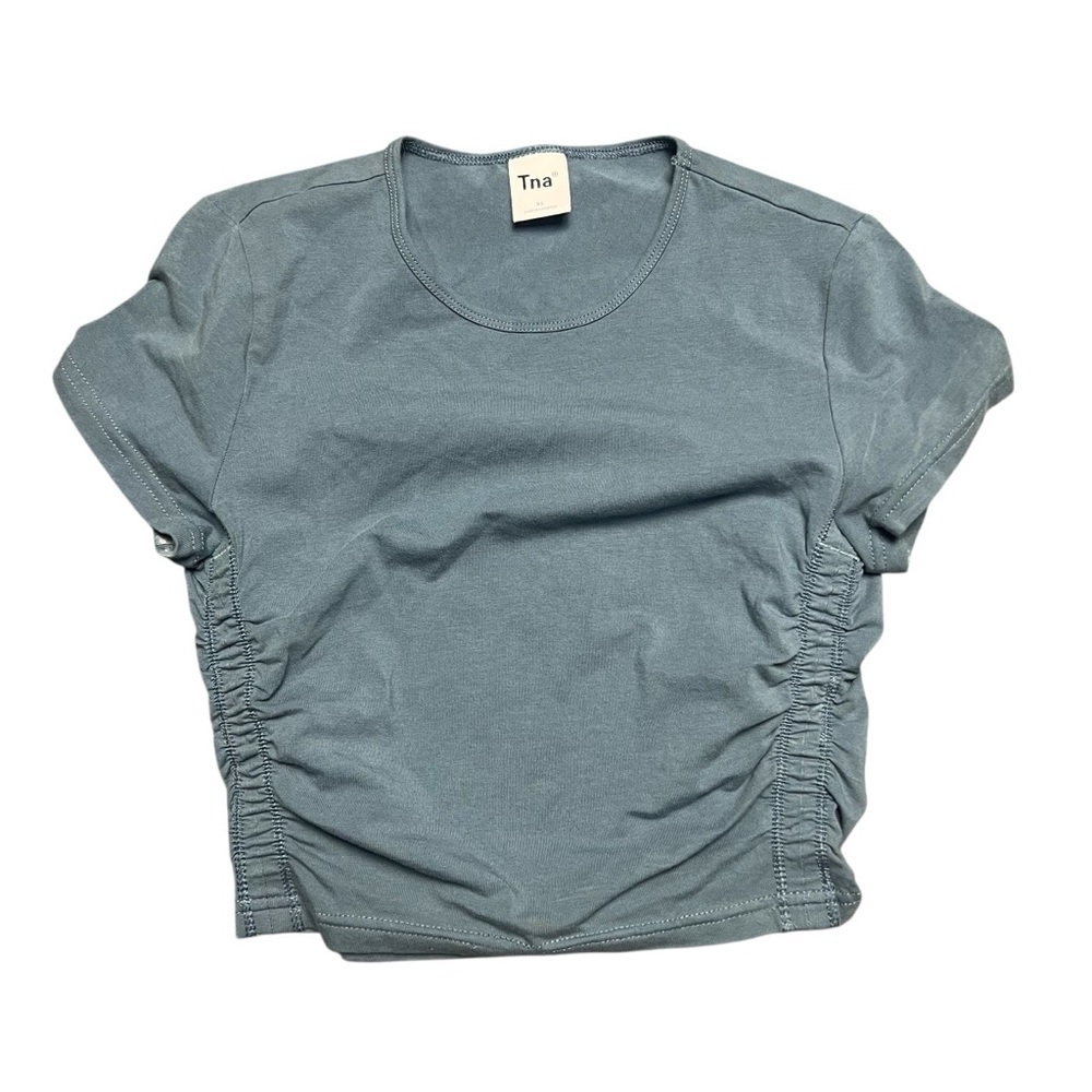 TNA Aritzia Chill Malibu Blue Scrunch Side Sporty Crop Top Tshirt Size XS